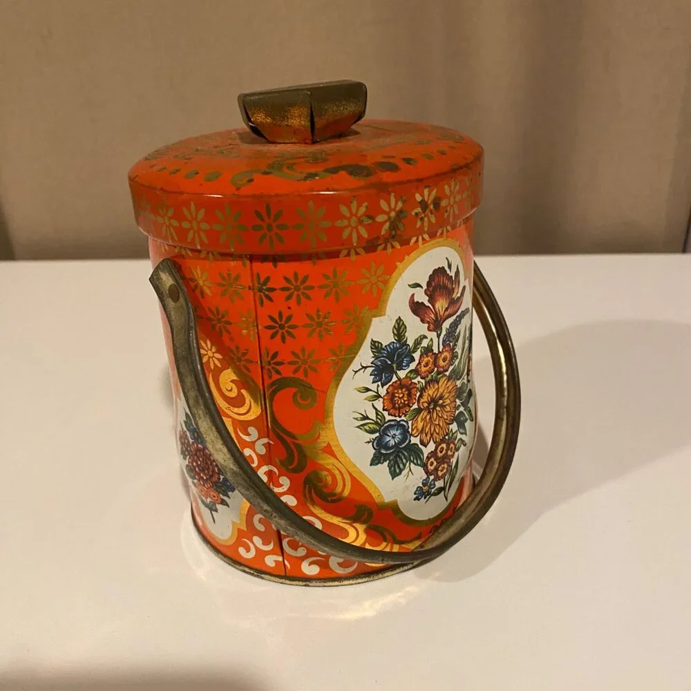 Vintage English Orange Floral Toffee‎ Tin Canister 4.5x3.5 Cottagecore